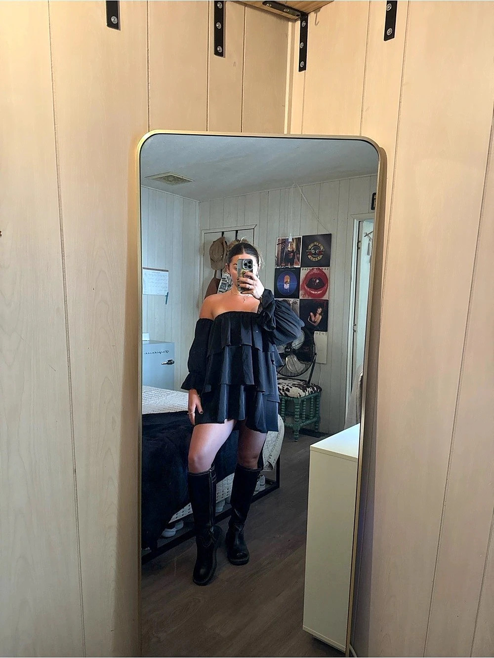Black Off-Shoulder Ruffle Mini Dress - Picture 2 of 5